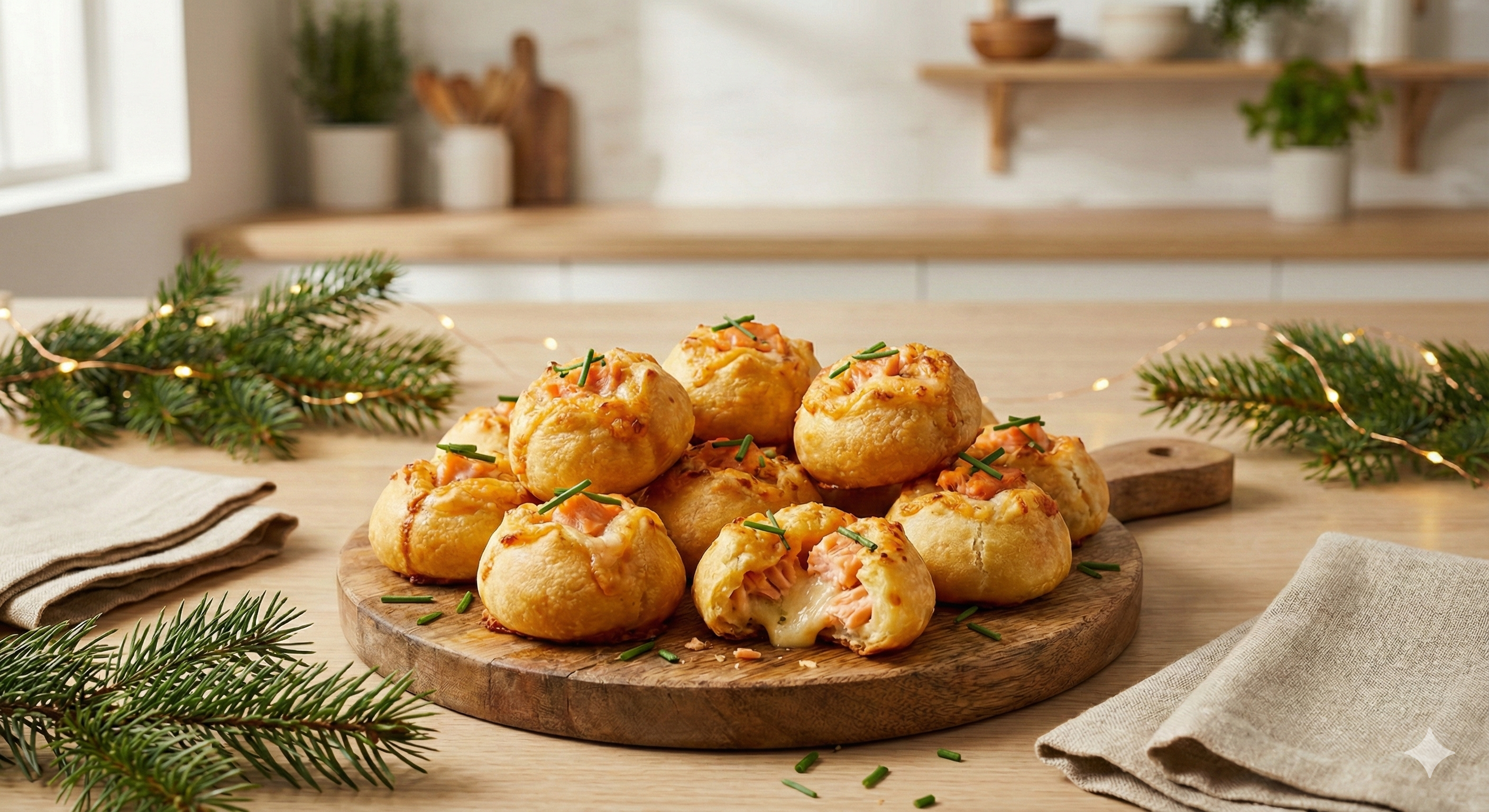 Mini boulettes pizza de Noël au saumon et ciboulette, dorées au four, servies en apéro dînatoire festif