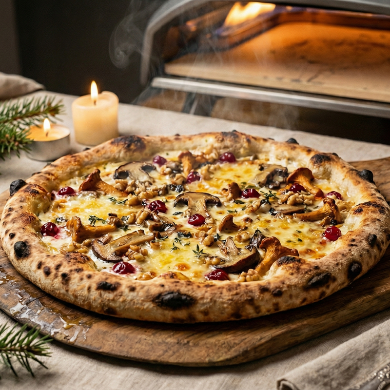 Pizza de Noël maison aux saveurs hivernales cuite au four à pizza électrique avec crème, champignons, fromage fondant et noix