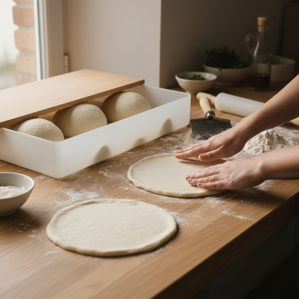 Accessoires de préparation pour pizza OVENI avec pâte à pizza en cours de façonnage, boîte à pâtons, coupe-pâte et farine sur plan de travail en bois, style pizzaiolo professionnel