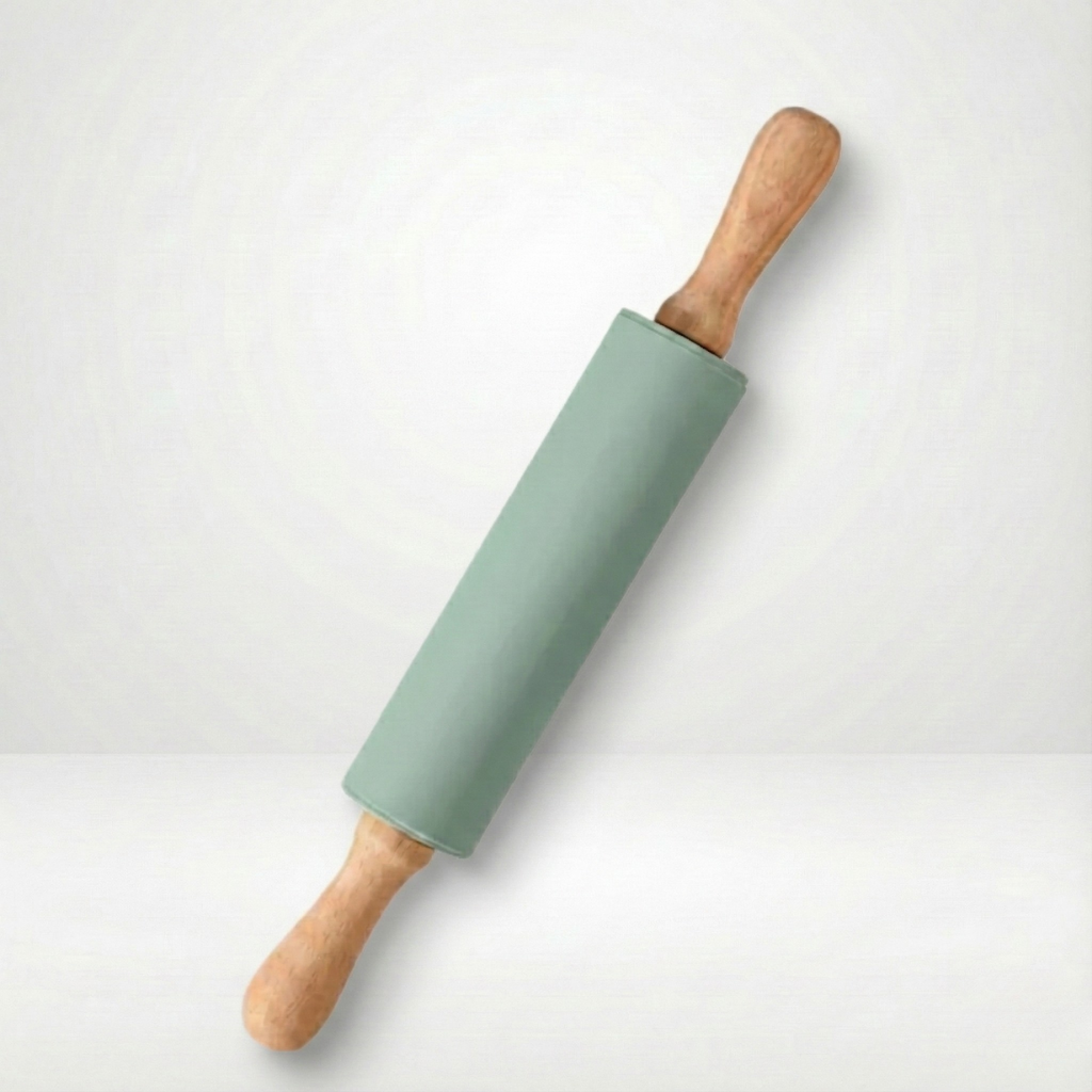 Rouleau à pâte en silicone anti-adhérent avec manche en bois pour préparation pizza maison