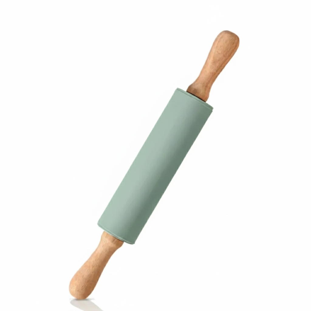 Rouleau à pâte en silicone anti-adhérent avec manche en bois pour préparation pizza maison