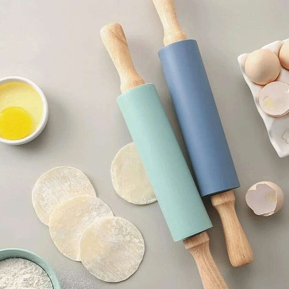 Rouleau à Pâte en Silicone Anti-Adhérent – Manche en Bois Ergonomique